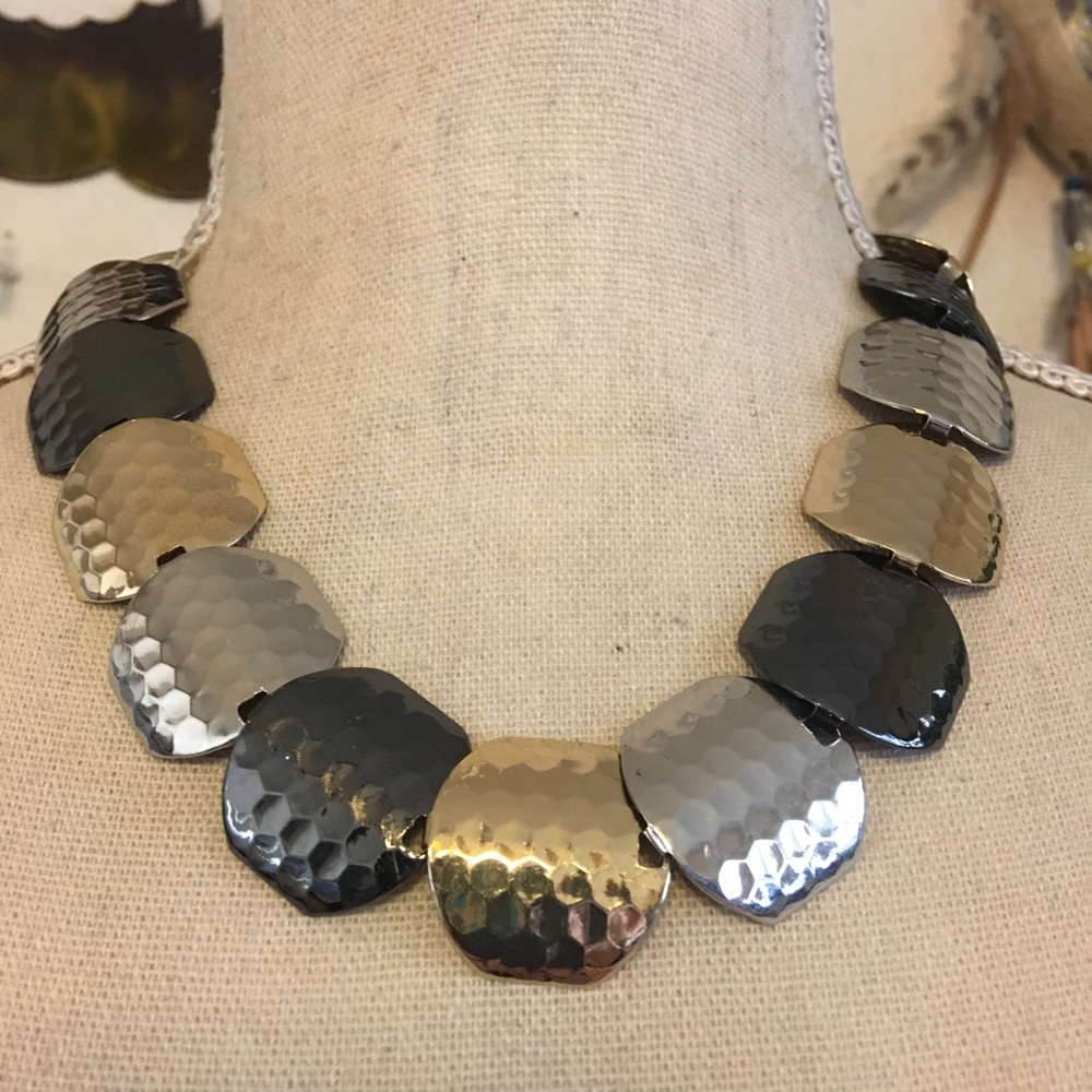 Tri-tone silver gold chrome hammered disc necklace